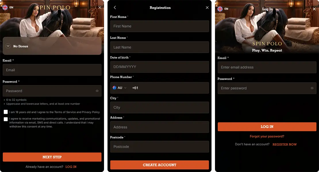 SpinPolo registration and login